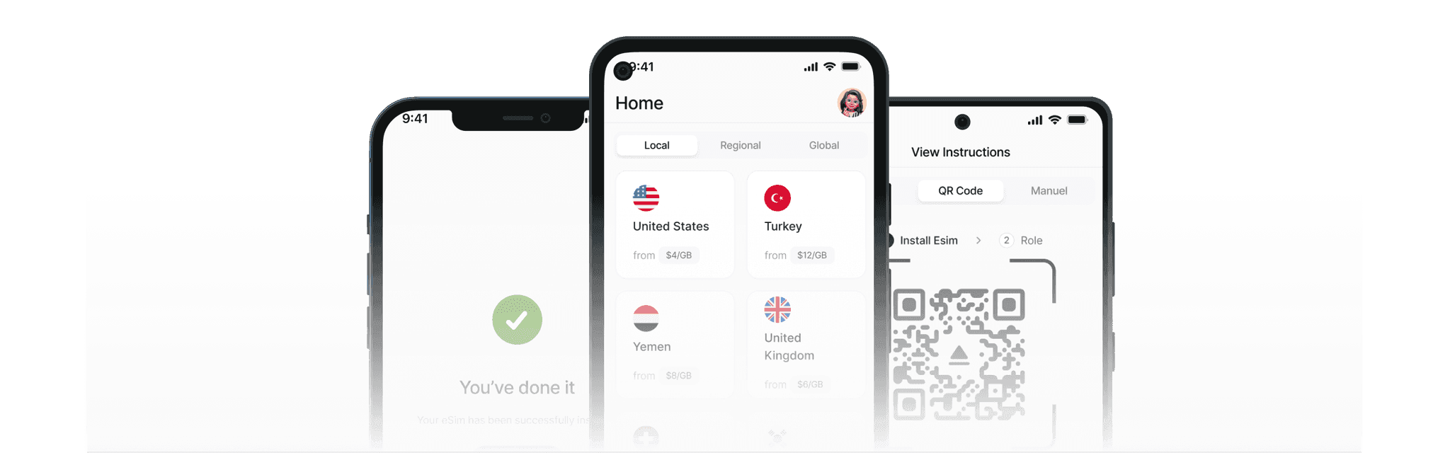 Nomado eSIM compatible devices including iPhone, Samsung Galaxy, and Google Pixel smartphones displaying eSIM setup interface